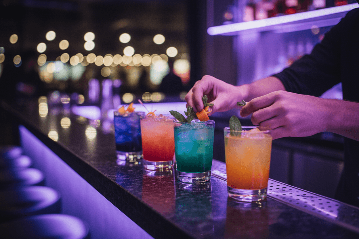 Cocktails being prepared at a bar